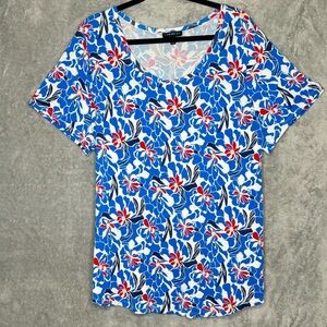 Lane Bryant 22 24 2X Shirt Top Blue Floral Short Sleeve Scoop Neck Stretch Knit